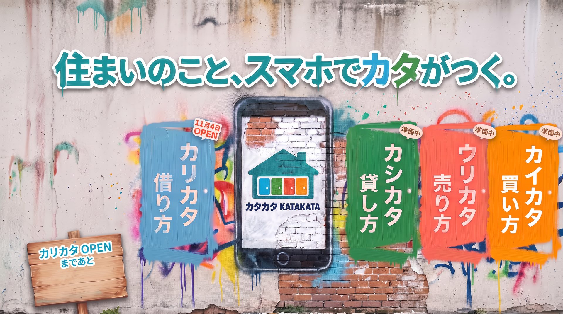 壁画：住まいのこと、スマホでカタがつく。スマホの中のカタカタの家と、カリカタ・カシカタ・ウリカタ・カイカタの4つの扉